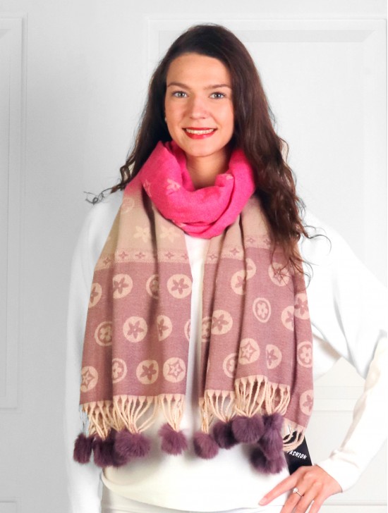 Cashmere Feeling 3-Tone Scarf with Pom pom 